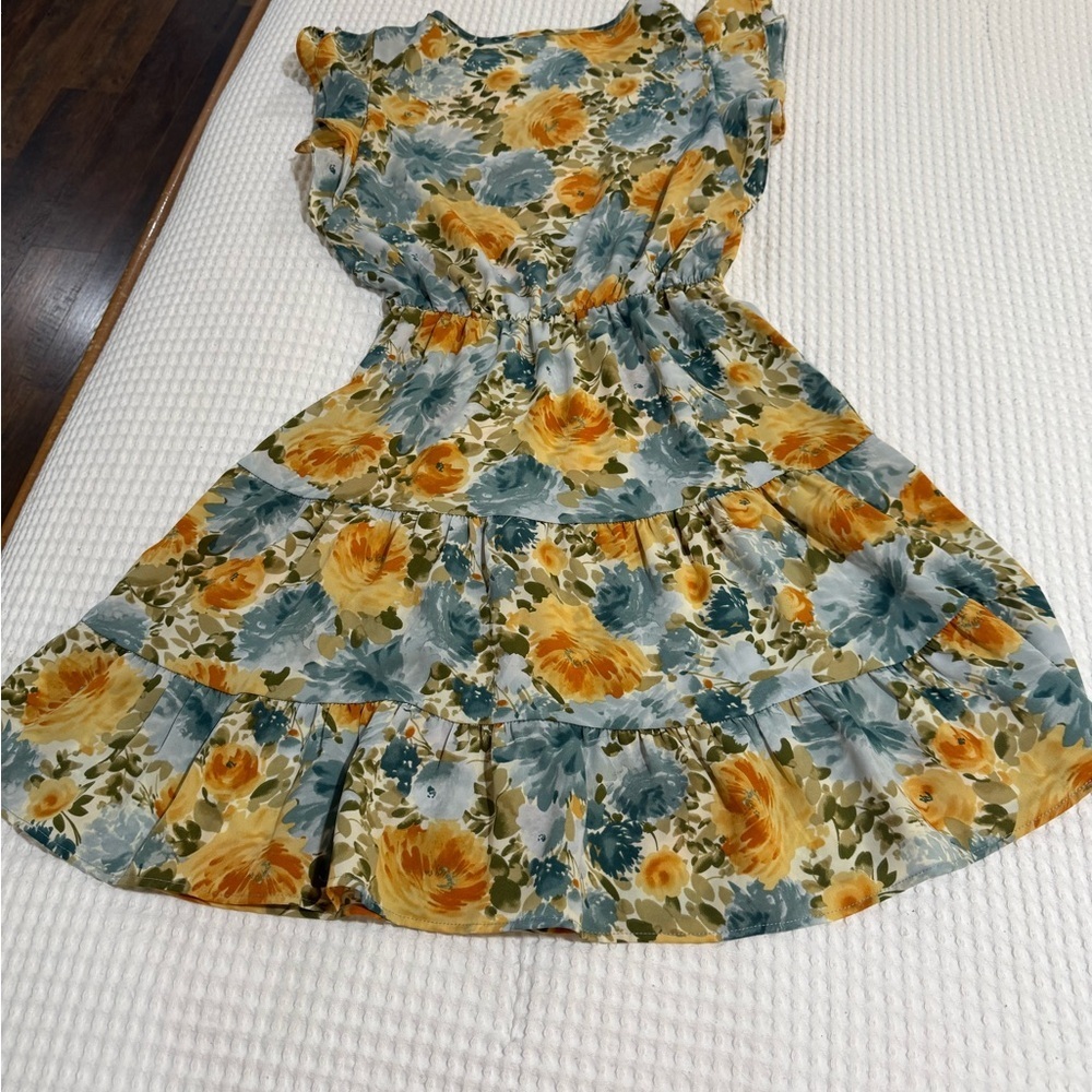 Les Amis Blue and Yellow Flowy Feminine Floral Print Midi Dress - Size M - Picture 5 of 5
